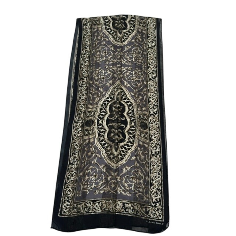 Regencycore Vintage Elaine Gold Silk Chiffon Baroque Scarf Black Cream 52x11